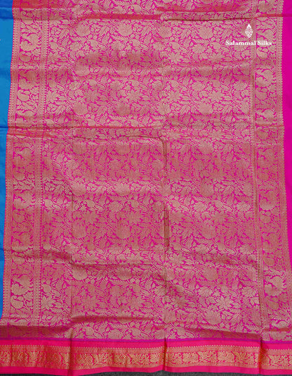 Semi Silk Saree - Blue Colour Body Zari Butta With Pink Border | 9.5 Yards