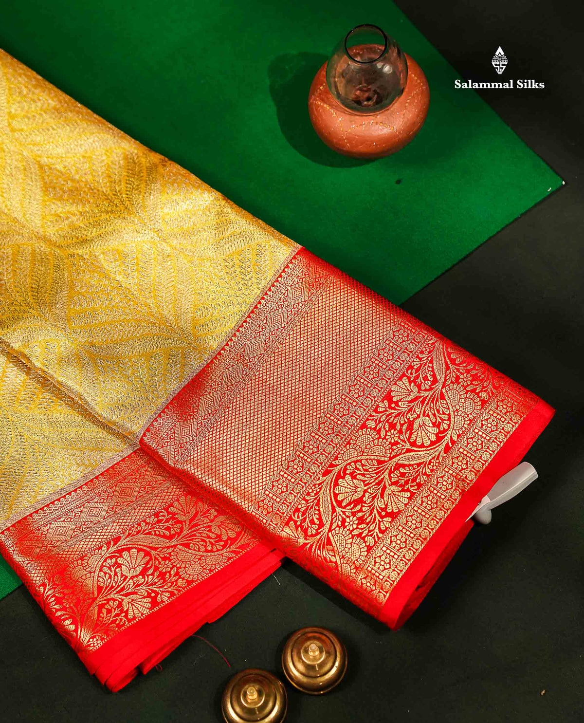 Beautiful Gold Tissue Bridal Pure Kanjivaram Silk Saree With Contrast Chilly Red Traditional Evening Morning Border