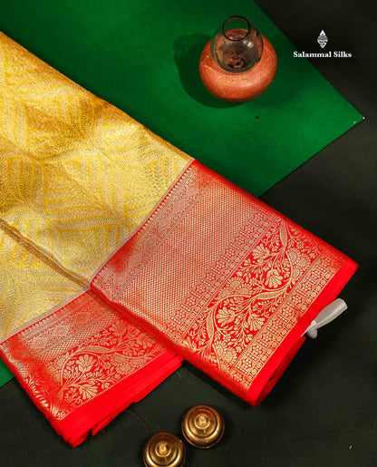 Beautiful Gold Tissue Bridal Pure Kanjivaram Silk Saree With Contrast Chilly Red Traditional Evening Morning Border