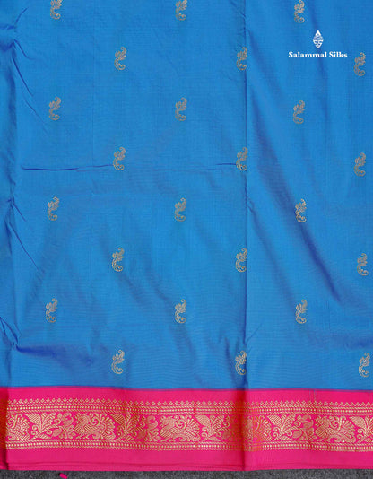 Semi Silk Saree - Blue Colour Body Zari Butta With Pink Border | 9.5 Yards
