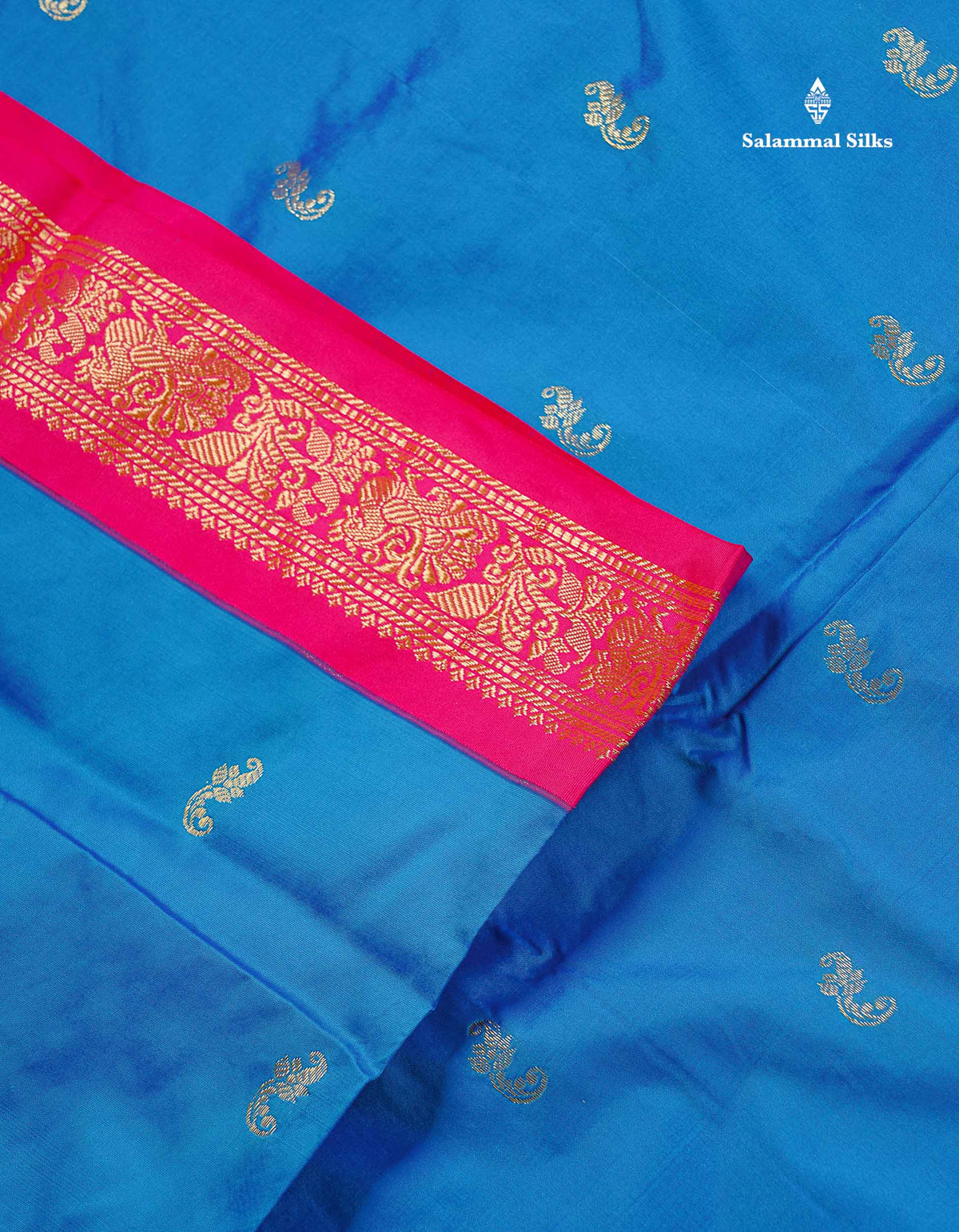 Semi Silk Saree - Blue Colour Body Zari Butta With Pink Border | 9.5 Yards