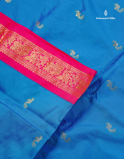 Semi Silk Saree - Blue Colour Body Zari Butta With Pink Border | 9.5 Yards
