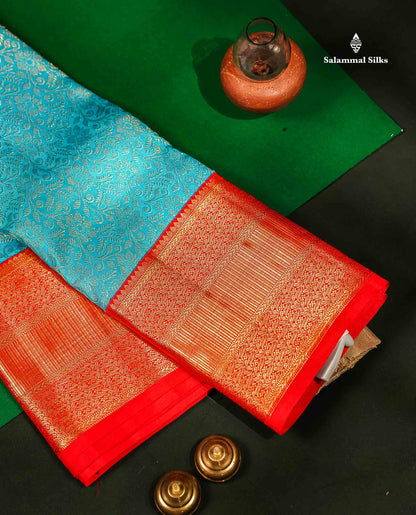Korvai Anandha Blue Bridal Pure Kanjivaram Silk Saree With Contrast Red Border