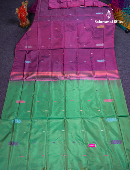 Magenta Thread work Buttas Banana Pinth Saree (Vaazhainaar Pattu) With Contrast Saffire Green Blouse