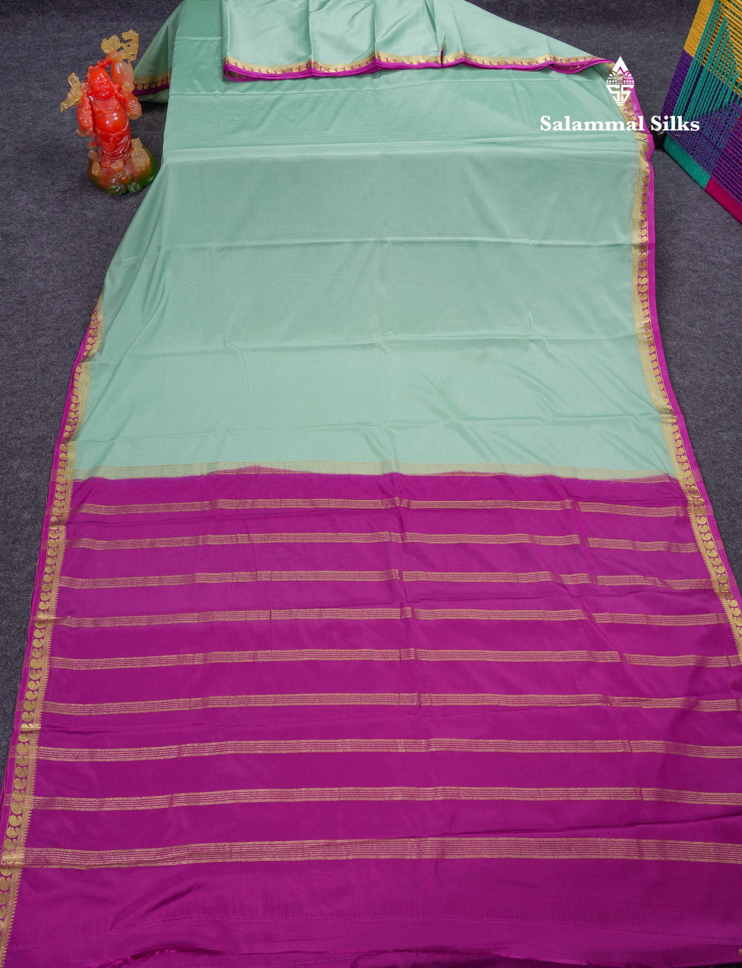 Beautiful Light Ramar Blue Plain Semi Mysore Silk Saree With Contrast Navy Blue Traditional Small Border