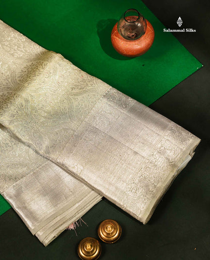 Greenish Grey Bridal Pure Kanjivaram Silk Saree With Traditional Evening Morning Border