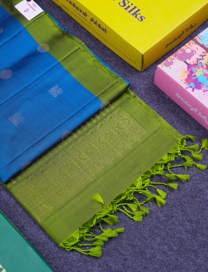 Beautiful Blue Pure Kanjivaram Soft Silk Saree With Contrast Green Blouse