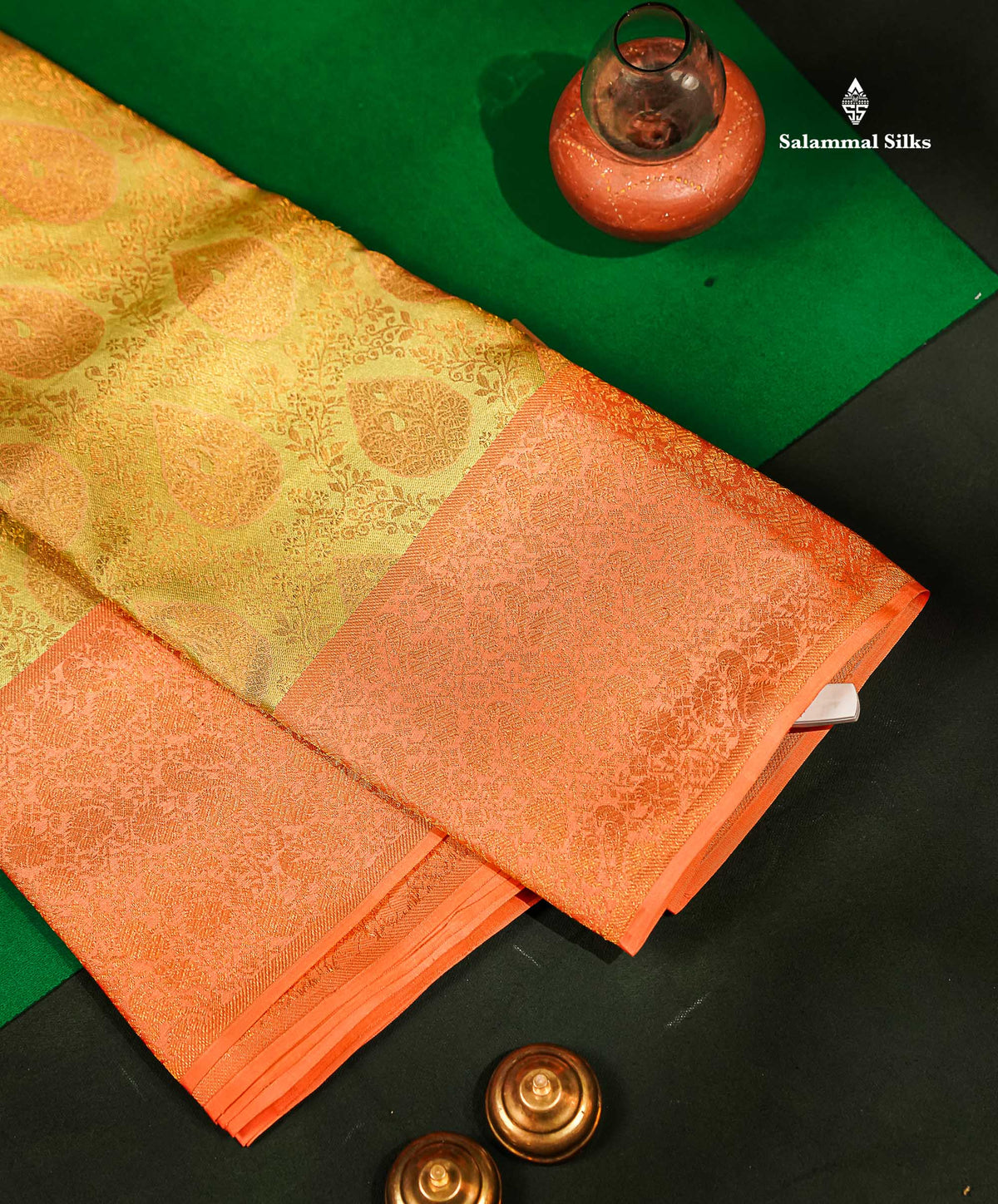 Beautiful Pista Green Bridal Pure Kanjivaram Silk Saree With Contrast Light Orange Fancy Border