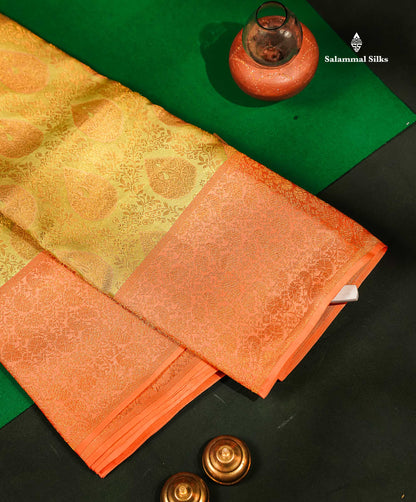 Beautiful Pista Green Bridal Pure Kanjivaram Silk Saree With Contrast Light Orange Fancy Border
