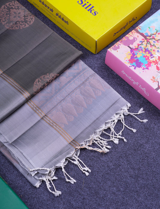 Beautiful Elephant Grey PureMix Kanjivaram Soft Silk Saree With Contrast Light Grey Fancy Border