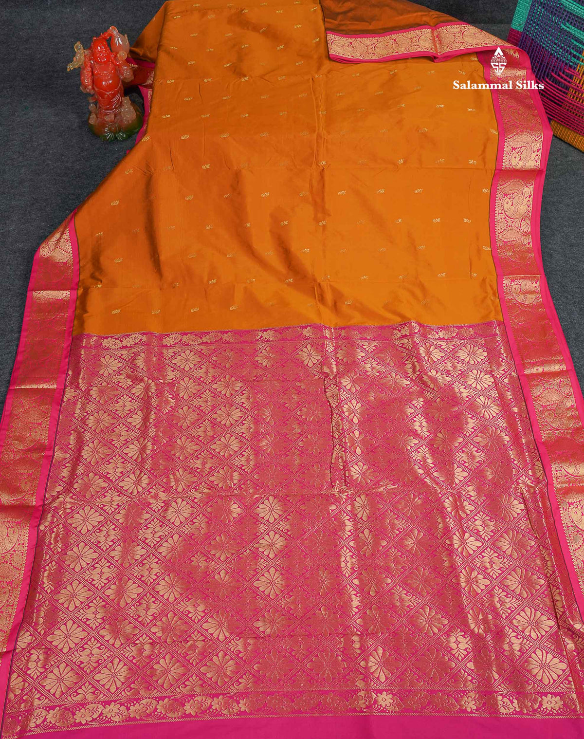 Semi Silk Saree - Rust Orange Colour Body Zari Butta With Pink Border | 9.5 Yards