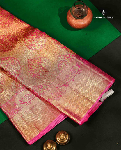 Beautiful Light Pink Tissue Bridal Pure Kanjivaram Silk Saree With Contrast Pink Traditional Border