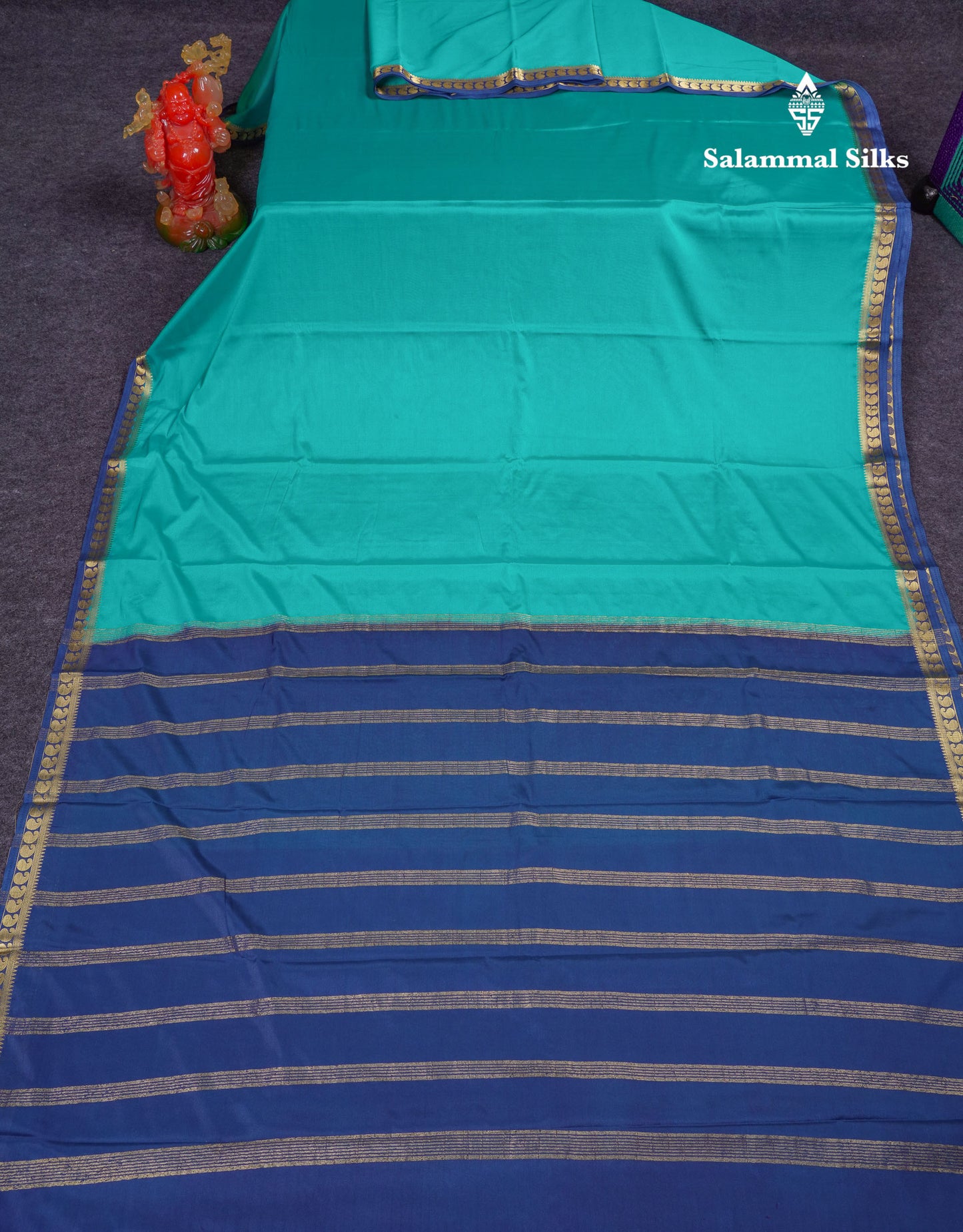 Beautiful Light Ramar Blue Plain Semi Mysore Silk Saree With Contrast Navy Blue Traditional Small Border