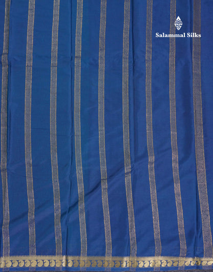 Beautiful Light Ramar Blue Plain Semi Mysore Silk Saree With Contrast Navy Blue Traditional Small Border
