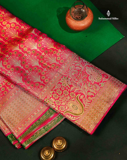 Beautiful Pink Menakari Work Bridal Pure Kanjivaram Silk Saree With Fancy Evening Morning Border