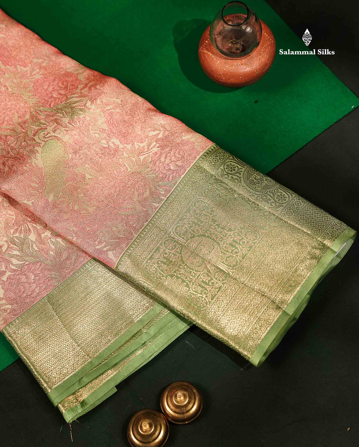 Peach Colour Pure Kanjivaram Fancy Silk Saree with Light Elaichi Green Border
