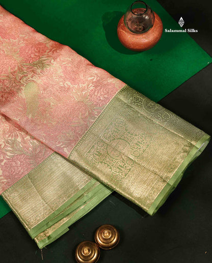 Peach Colour Pure Kanjivaram Fancy Silk Saree with Light Elaichi Green Border