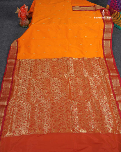 Semi Silk Saree - Mango Yellow Colour Body Zari Butta With Maroon Border | 9.5 Yards