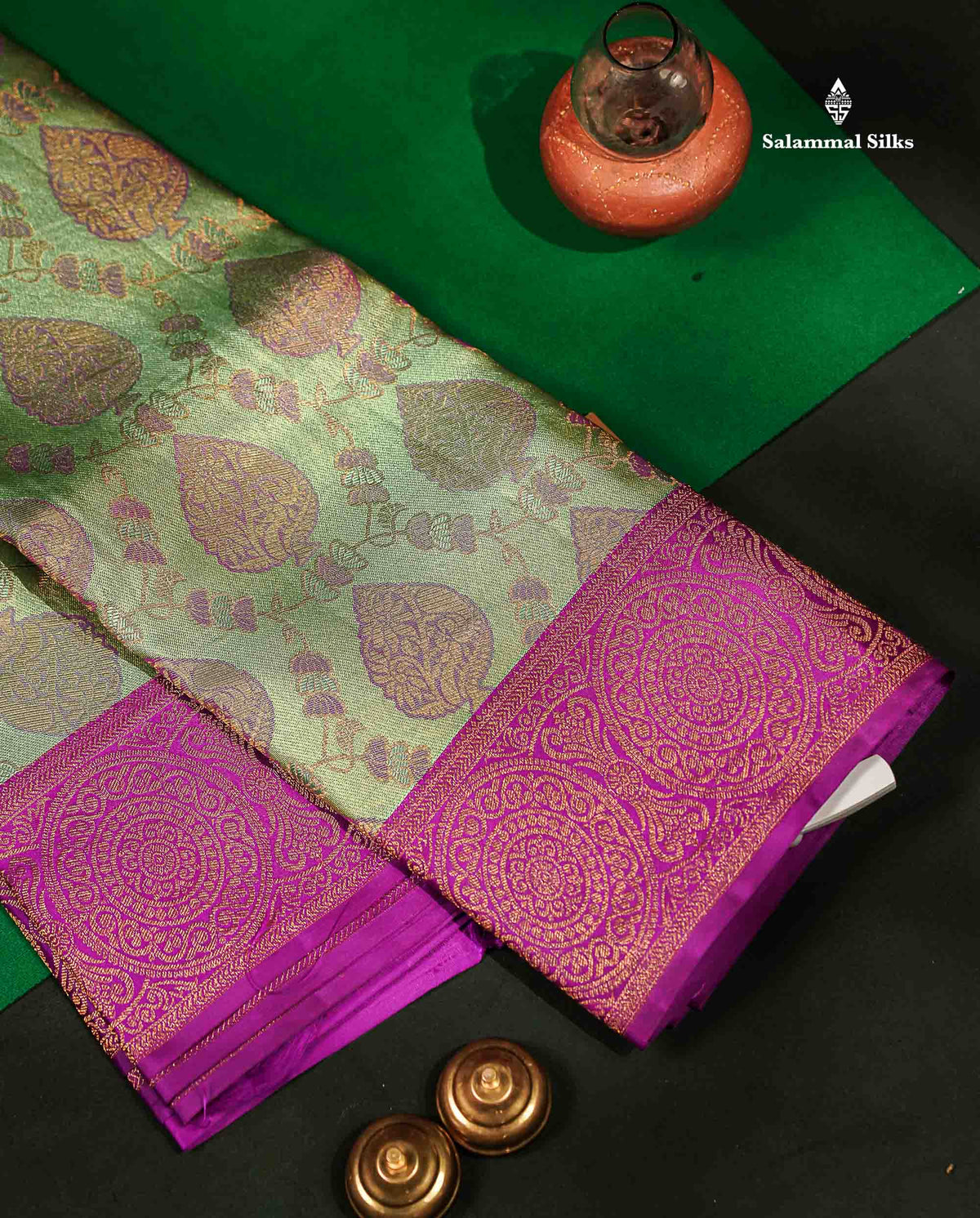 Beautiful Light Green Bridal Pure Kanjivaram Silk Saree With Contrast Vadamalli Traditional Border