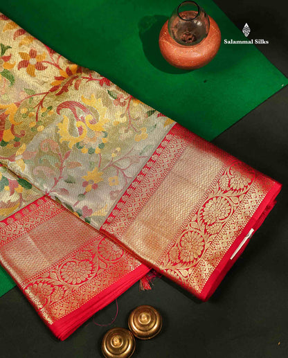 Beautiful Gold Tissue Menakari Work Bridal Pure Kanjivaram Silk Saree With Contrast Pink Traditional Border