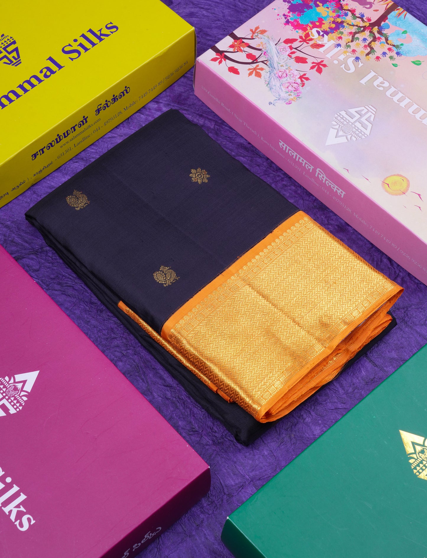 Korvai Beautiful Black Pure Kanjivaram Silk Saree With Contrast Orange Traditional Border