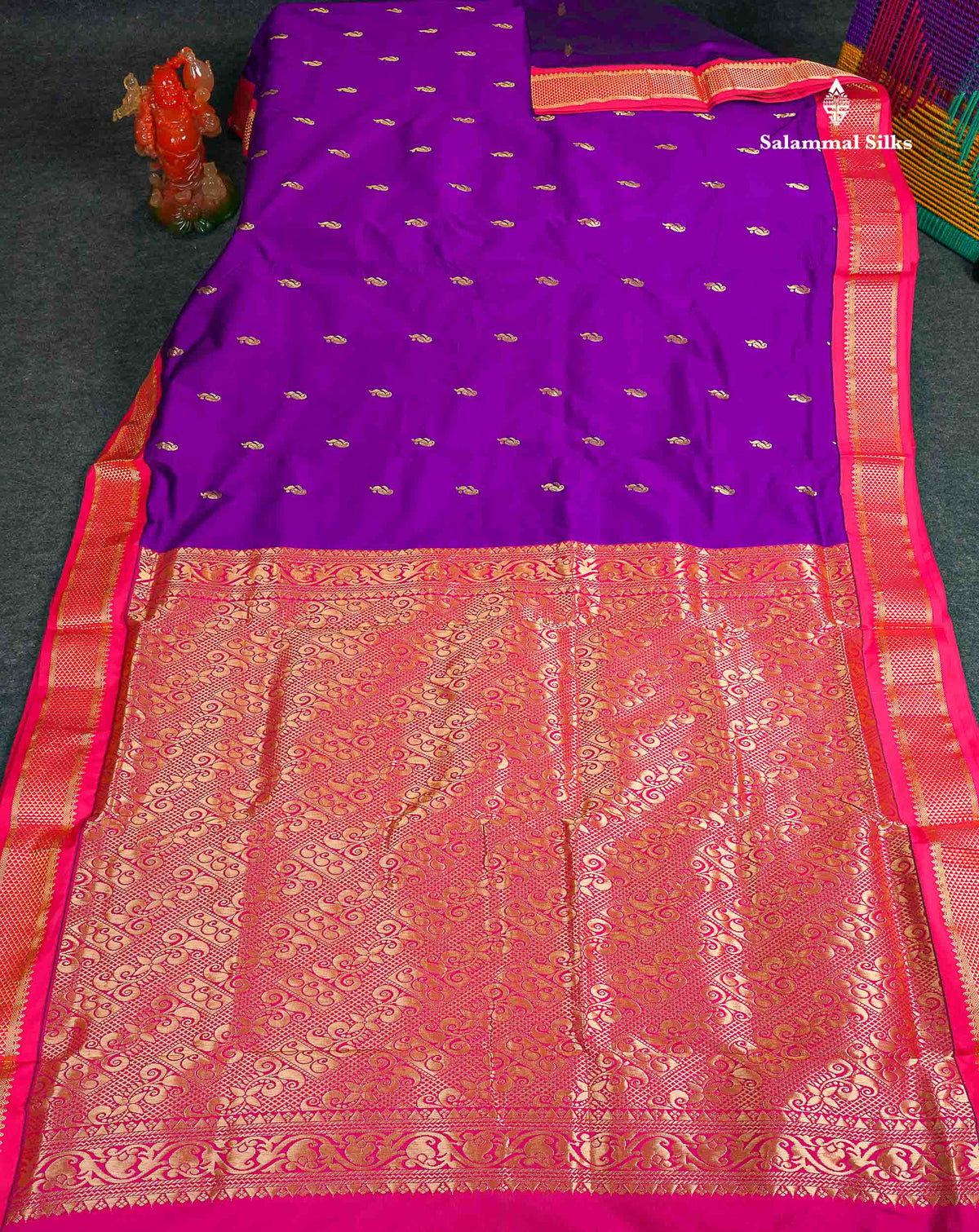 Semi Silk Saree - Brinjal Colour Body With Zari Butta & Pink Border | 9.5 Yards 