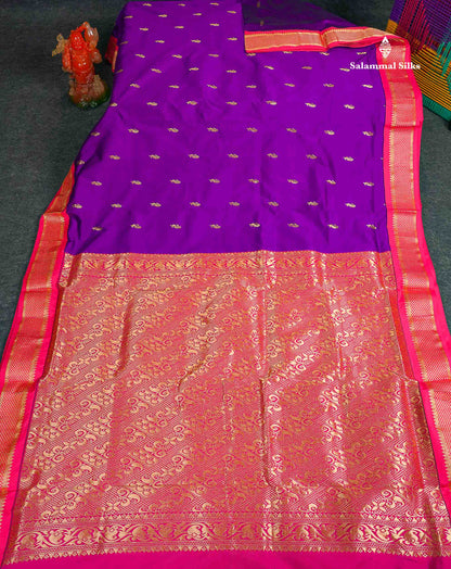 Semi Silk Saree - Brinjal Colour Body With Zari Butta & Pink Border | 9.5 Yards 