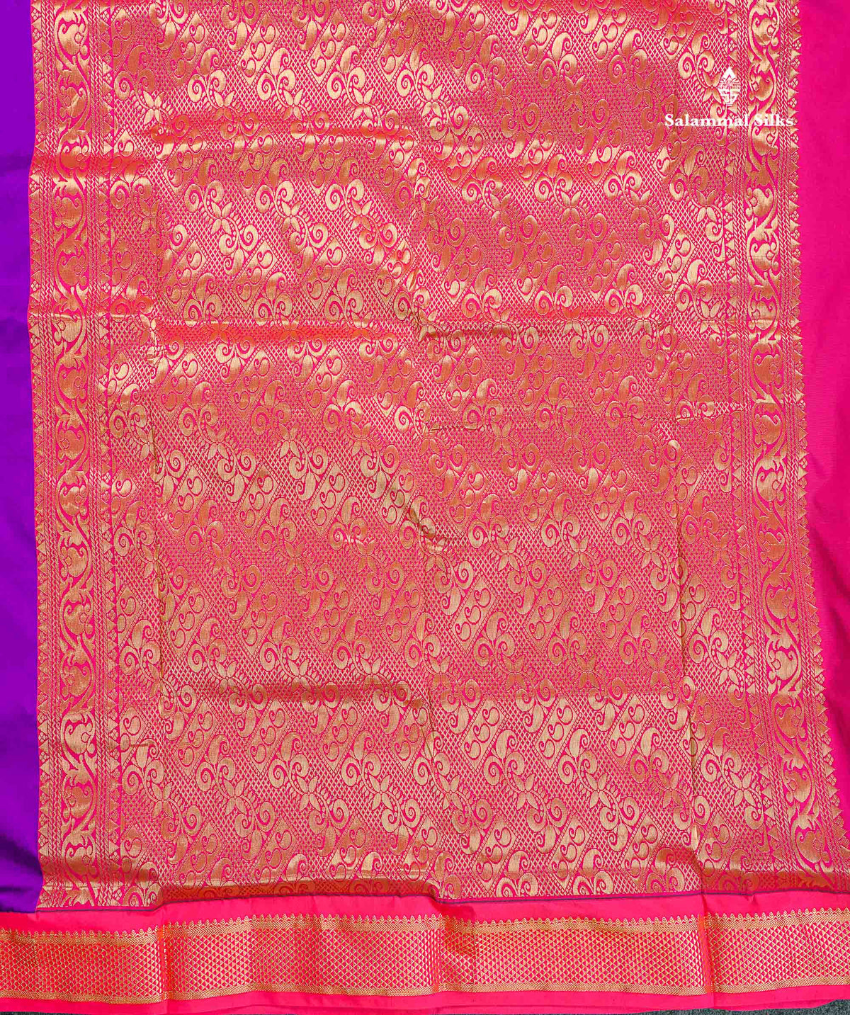 Semi Silk Saree - Brinjal Colour Body With Zari Butta & Pink Border | 9.5 Yards