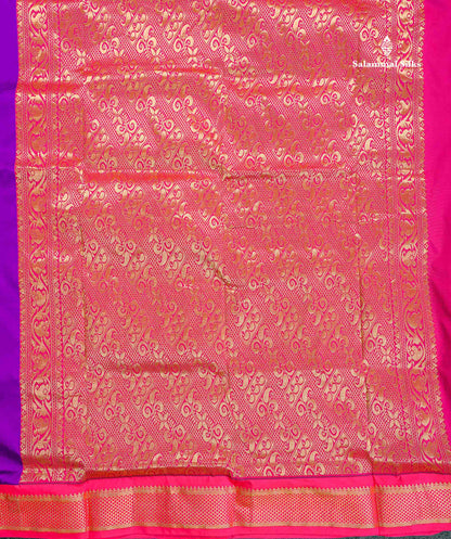 Semi Silk Saree - Brinjal Colour Body With Zari Butta & Pink Border | 9.5 Yards