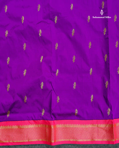 Semi Silk Saree - Brinjal Colour Body With Zari Butta & Pink Border | 9.5 Yards