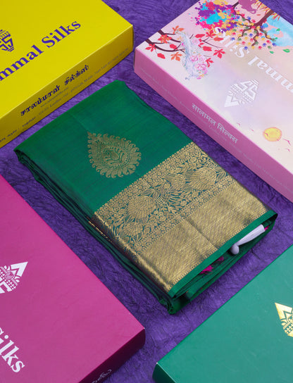 Beautiful Dual Tone Peacock Green Pure Kanjivaram Silk Saree With Contrast Pink Blouse