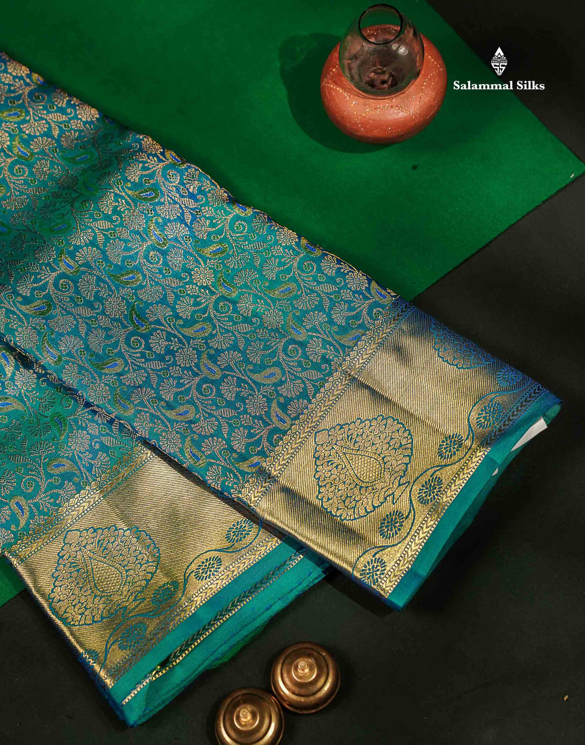 Beautiful Dual Tone Peacock Blue Menakari Work Bridal Pure Kanjivaram Silk Saree With Traditional Border