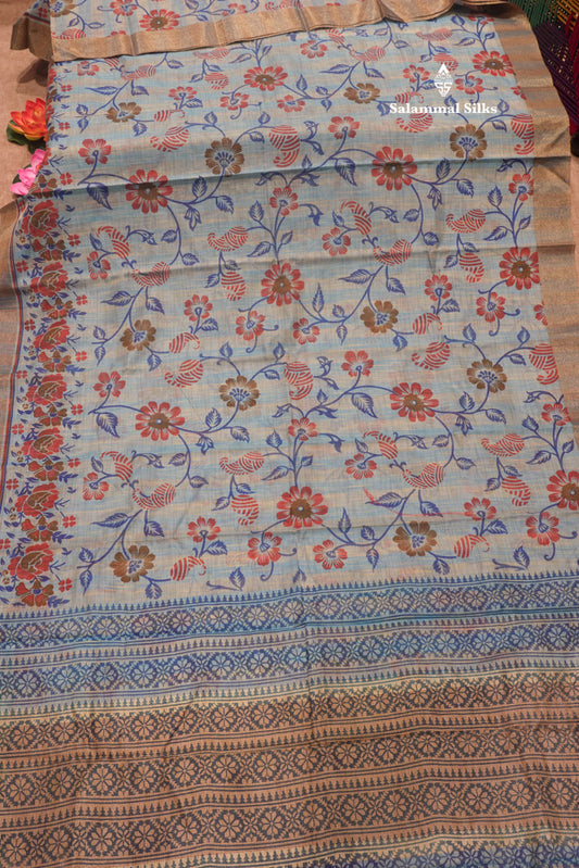 Pastel Blue Colour Kota Cotton Printed Saree With Tissue Border
