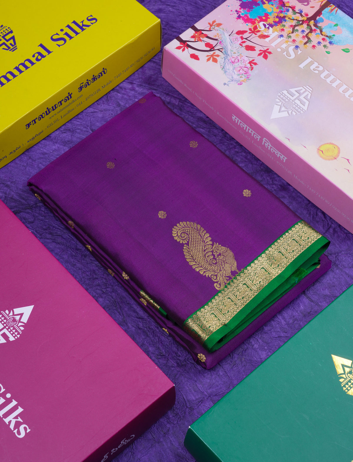 Beautiful Dark Purple Pure Kanjivaram Silk Saree With Contrast Bottle Green Traditional Small Border