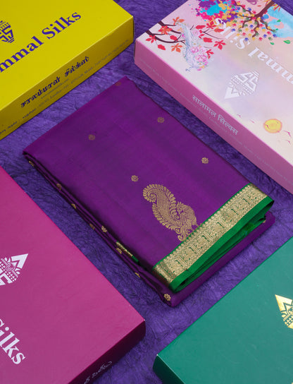 Beautiful Dark Purple Pure Kanjivaram Silk Saree With Contrast Bottle Green Traditional Small Border