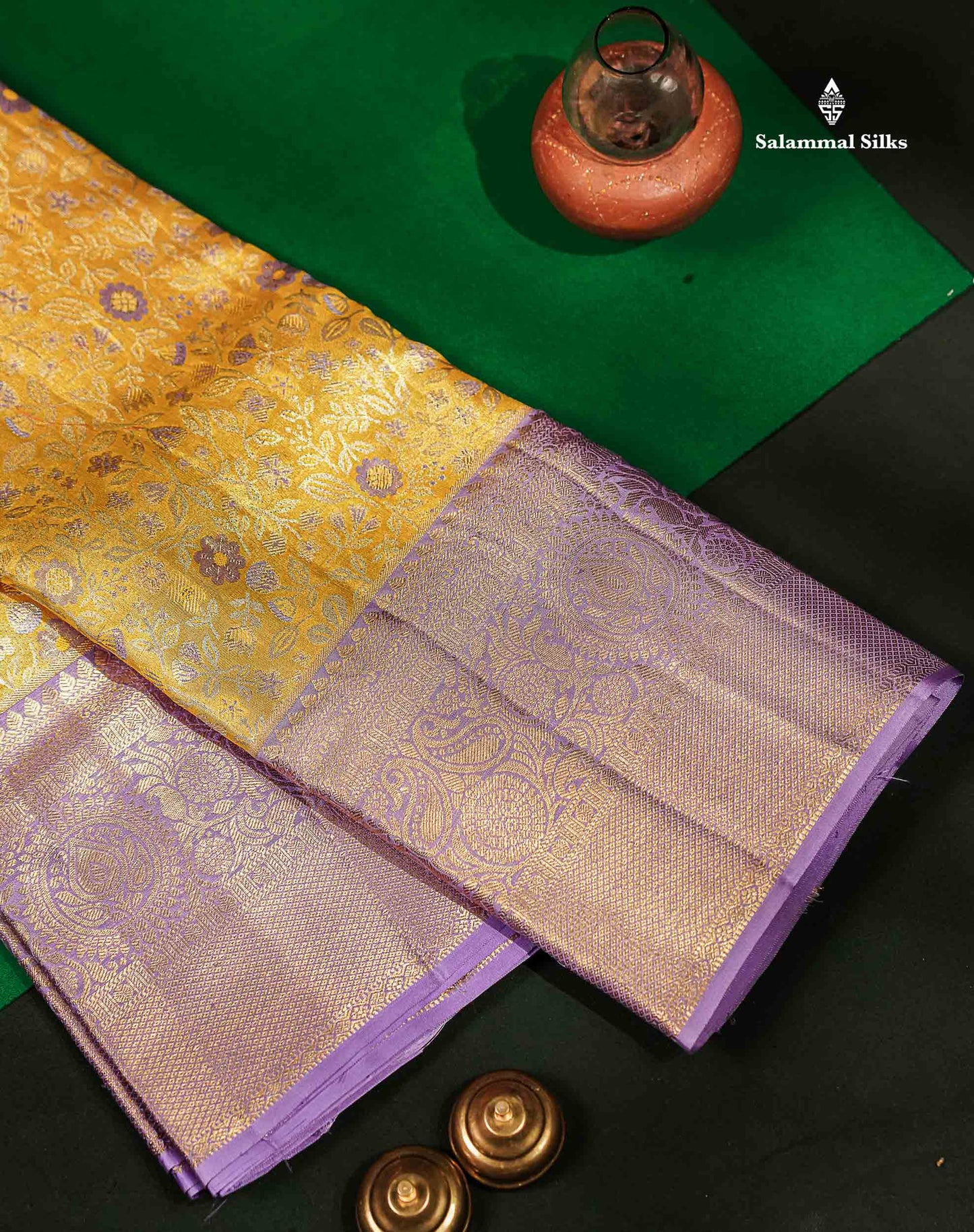 Beautiful Gold Tissue Bridal Pure Kanjivaram Silk Saree With Contrast Lavender Traditional Border