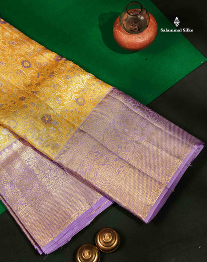 Beautiful Gold Tissue Bridal Pure Kanjivaram Silk Saree With Contrast Lavender Traditional Border