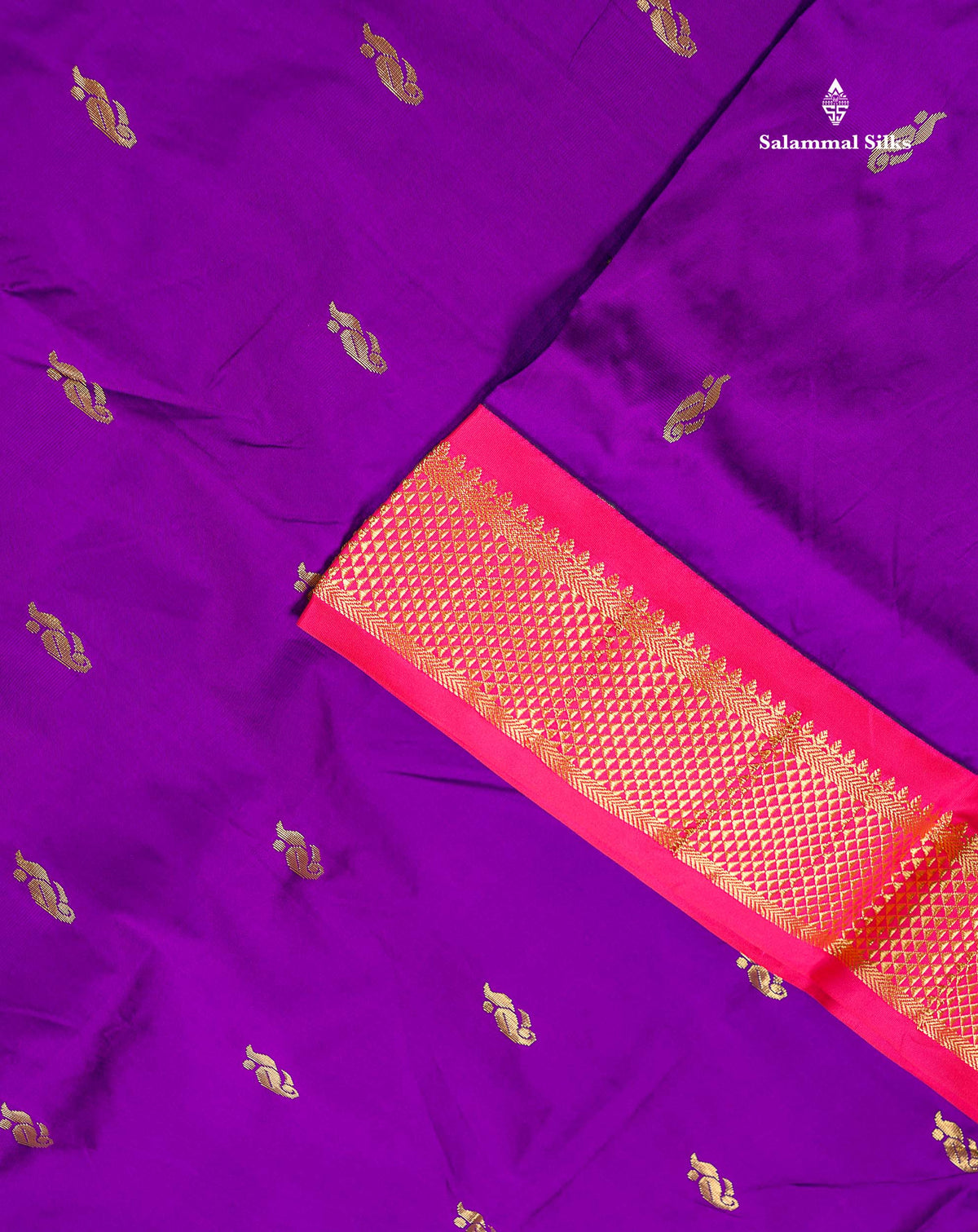 Semi Silk Saree - Brinjal Colour Body With Zari Butta & Pink Border | 9.5 Yards
