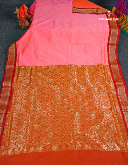 Semi Silk Saree - Dual Tone Pink Colour Body Zari Butta With Maroon Border | 9.5 Yards