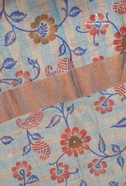 Pastel Blue Colour Kota Cotton Printed Saree With Tissue Border