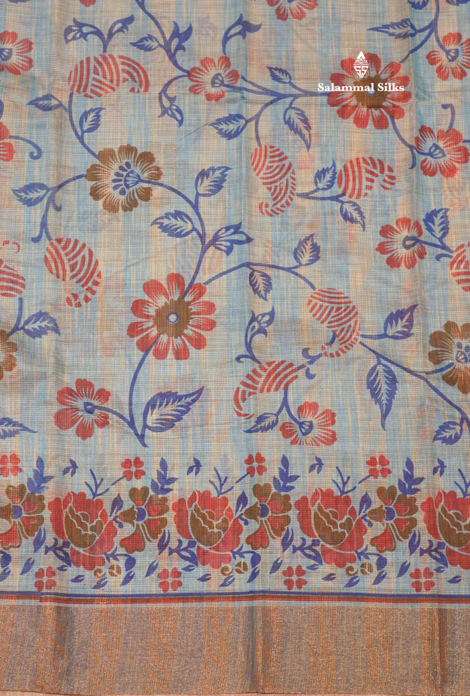 Pastel Blue Colour Kota Cotton Printed Saree With Tissue Border