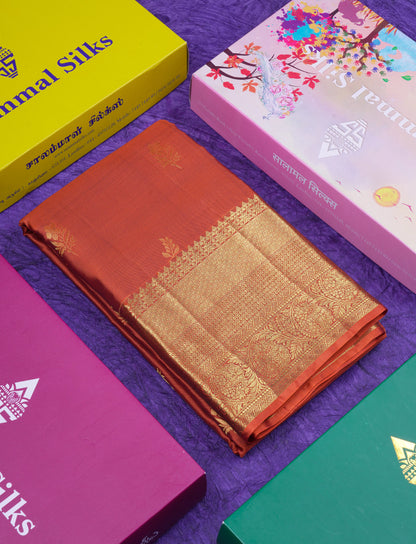 Beautiful Brown Pure Kanjivaram Silk Saree With Traditional Evening Morning Border