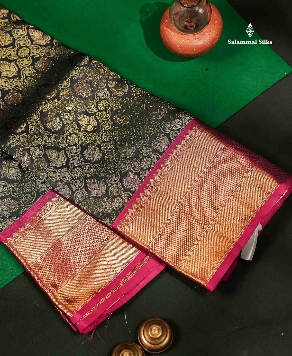 Beautiful Dark Bottle Green Bridal Pure Kanjivaram Silk Saree With Contrast Magenta Traditional Border