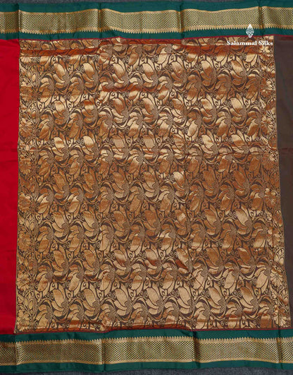 Semi Silk Saree - Maroon Colour Body Zari Butta With Bottle Green Border | 9.5 Yards