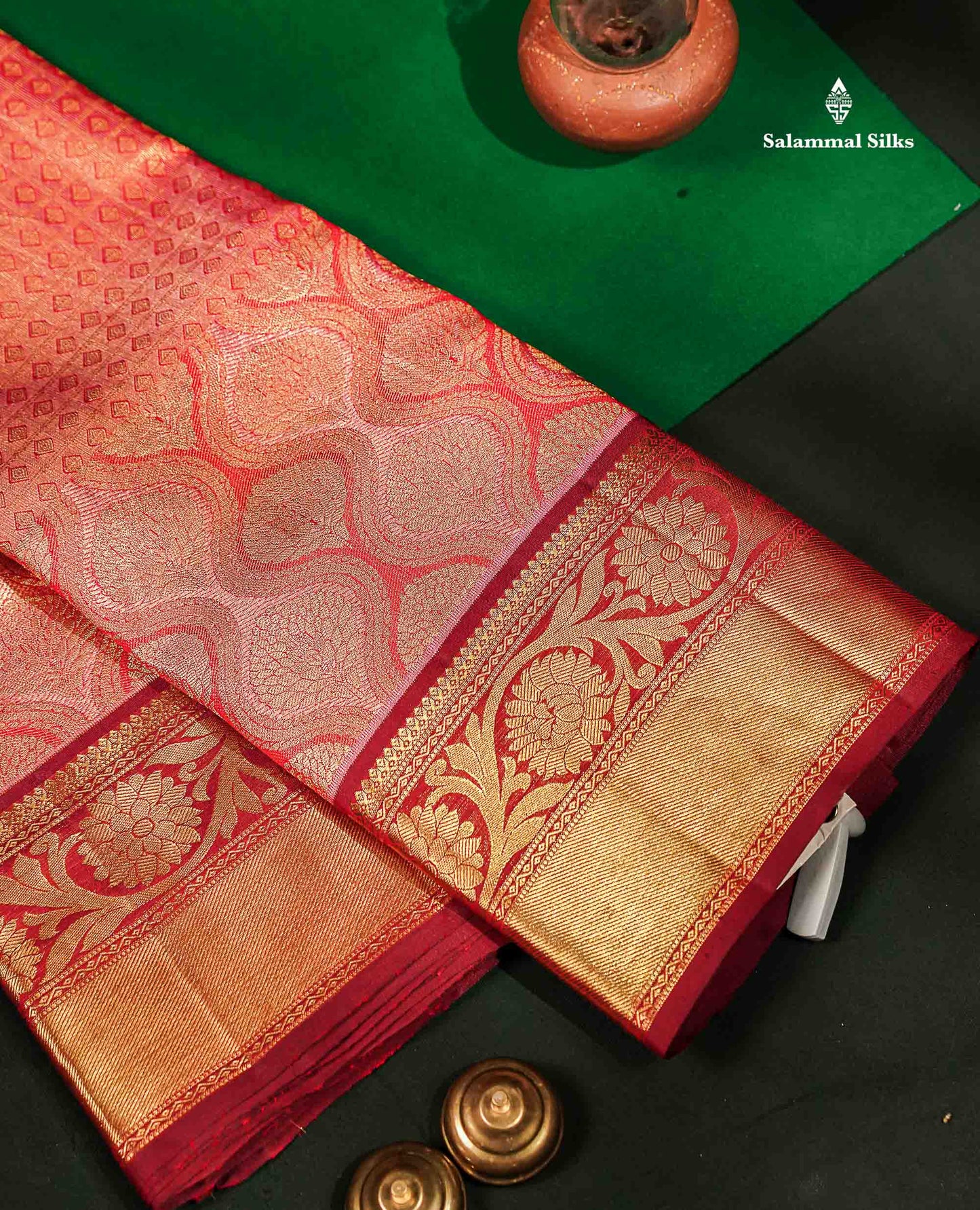 Beautiful Pinkish Peach Small Checks With Butta Tissue Bridal Pure Kanjivaram Silk Saree With Contrast Maroon Border