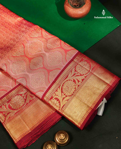 Beautiful Pinkish Peach Small Checks With Butta Tissue Bridal Pure Kanjivaram Silk Saree With Contrast Maroon Border