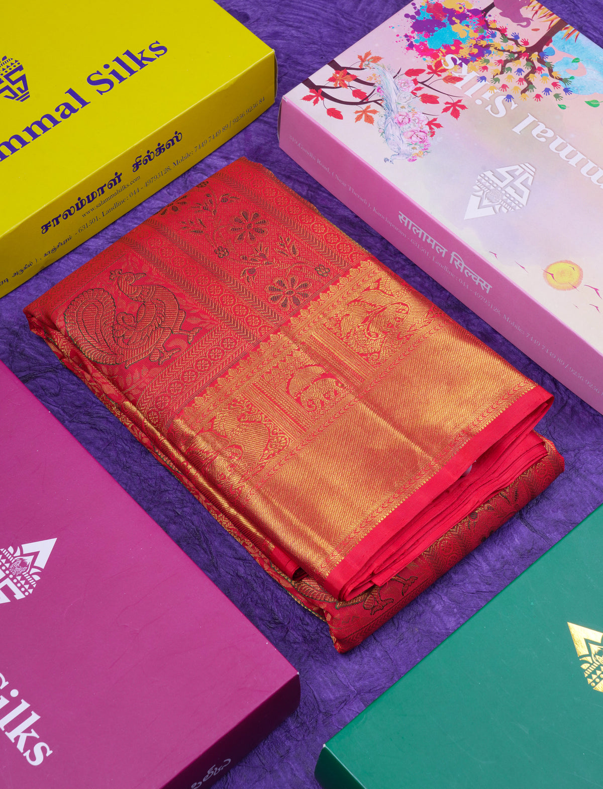 Beautiful Tomato Red Bridal Menakari Work Pure Kanjivaram Silk Saree With Traditional Border