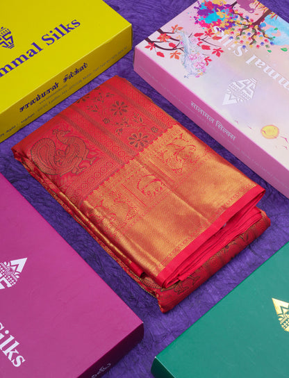 Beautiful Tomato Red Bridal Menakari Work Pure Kanjivaram Silk Saree With Traditional Border