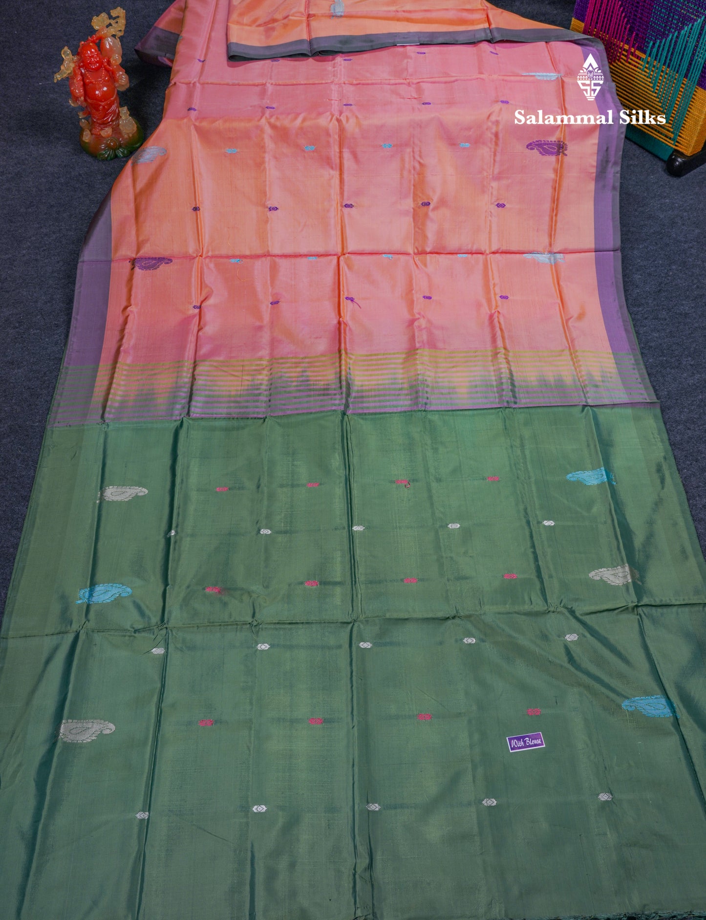 Dark Peach Thread work Buttas Banana Pinth Saree (Vaazhainaar Pattu) With Contrast Army Greene Blouse