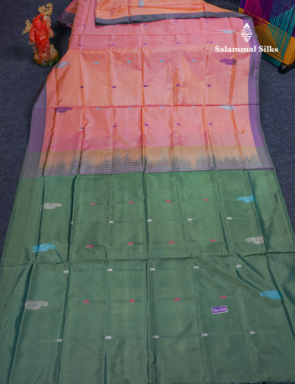 Dark Peach Thread work Buttas Banana Pinth Saree (Vaazhainaar Pattu) With Contrast Army Greene Blouse